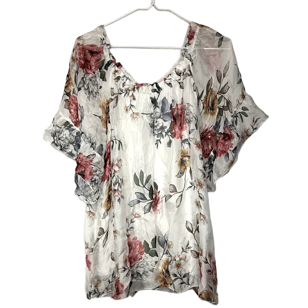 Bellambia Italy Women's 2X Floral Silk Crinkle Top Boho
